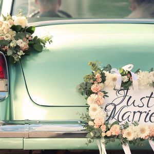 Just Married mint green vintage car destination wedding Southern Africa